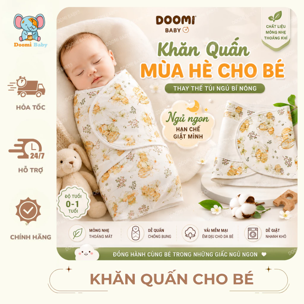 Khăn quấn mùa hè thay thế túi ngủ cho bé 0-1 tuổi,giúp bé ngủ ngon chống giật mình DoomiBaby - HT851