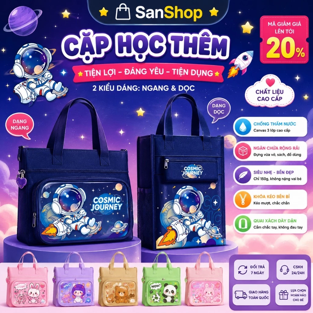 Cặp Học Thêm Cho Học Sinh Tiểu Học Canvas 3 Ngăn Đựng Vở A4 Chống Nước Bền Đẹp – San Shop