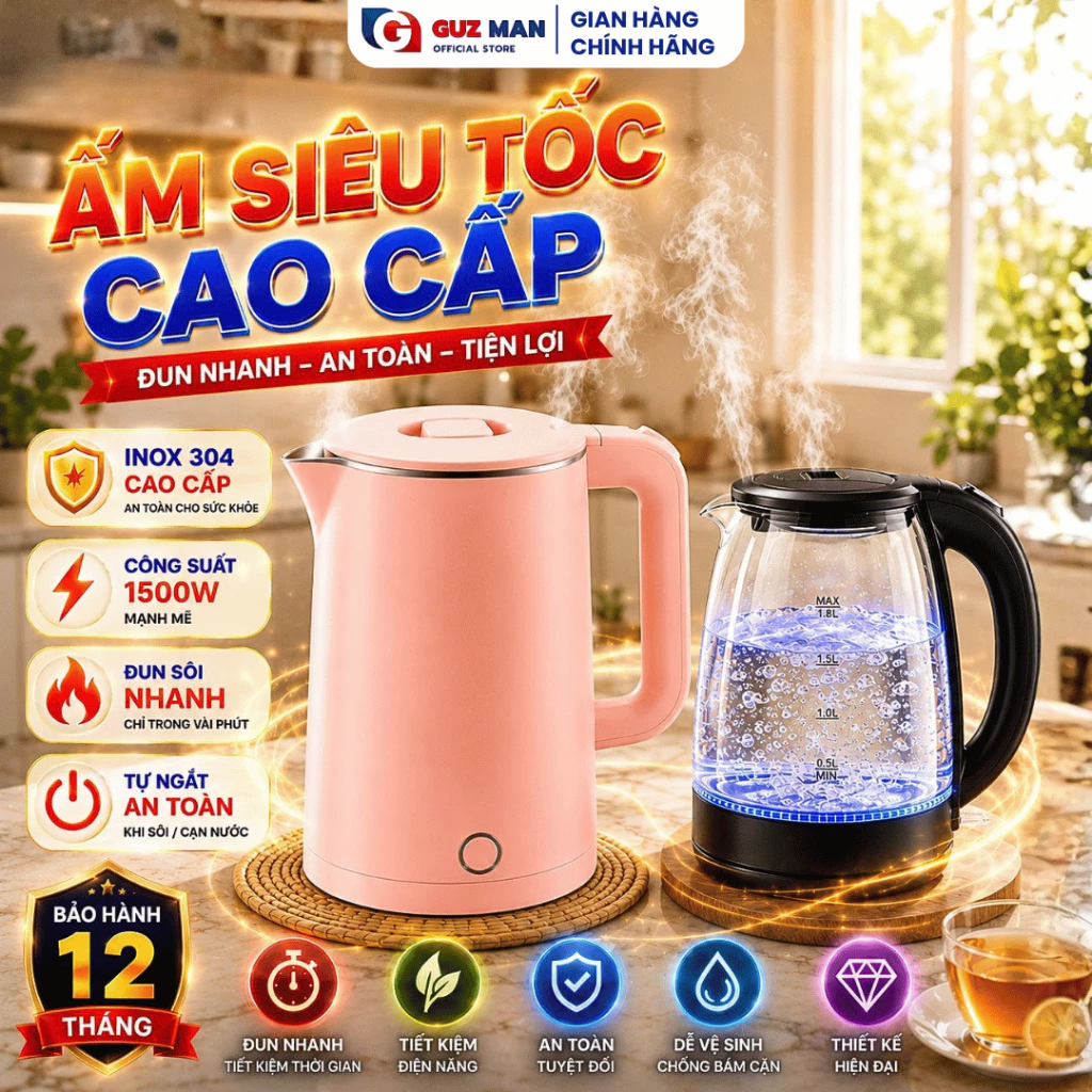 Ấm Siêu Tốc Dung Tích 2.5 Lít, Ấm Đun Nước Công Suất 1500W Chống Bỏng Tự Ngắt Khi Sôi
