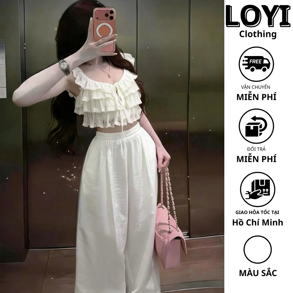 [Hỏa Tốc] Set Đồ Nữ Áo Hai Dây Bèo Nhún Ren + Quần Ống Rộng Trắng - Set Đồ Nữ Mùa Hè Đi Chơi Đi Biển
