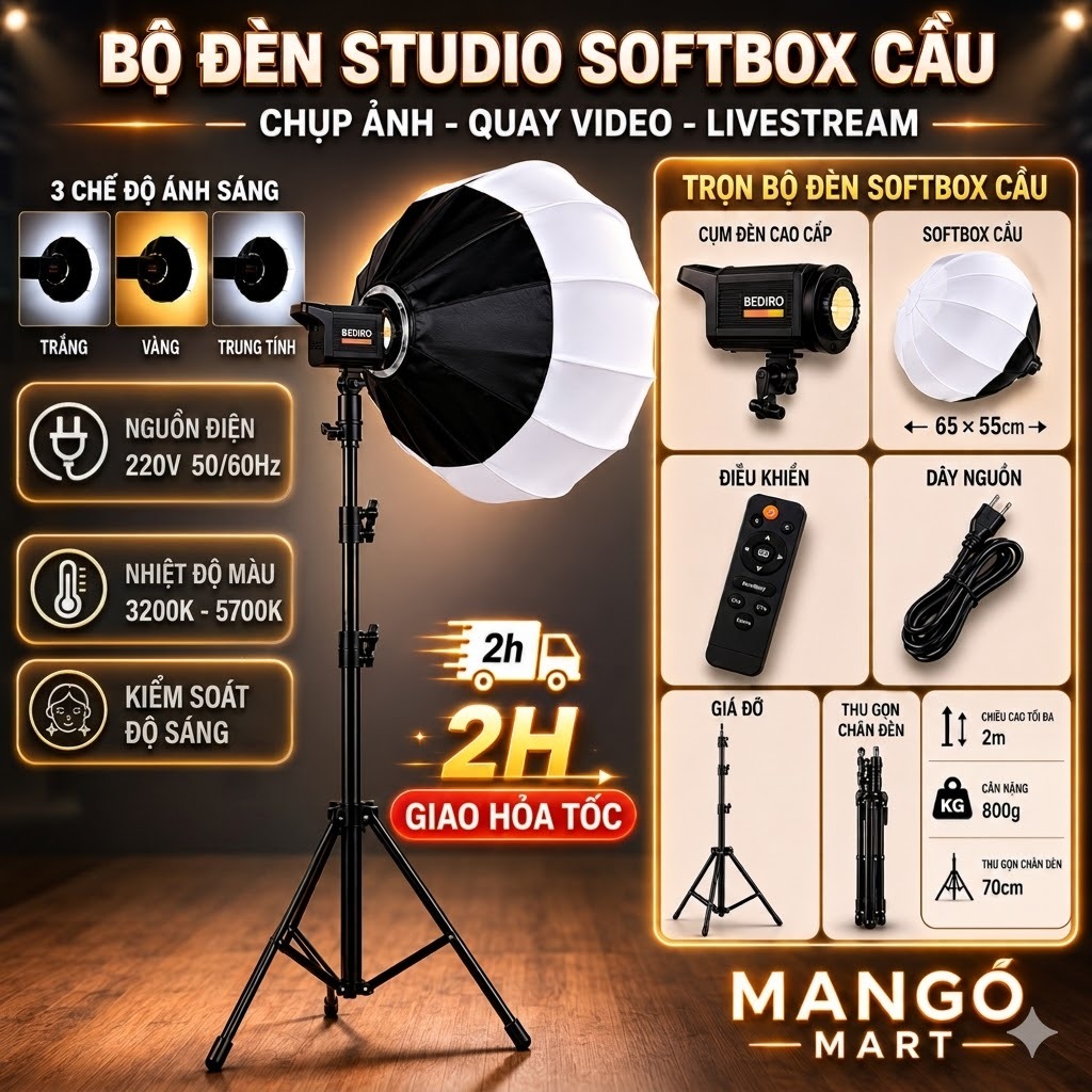 Bộ Đèn Livestream Studio Softbox Cầu Bediro Cao Cấp, Chụp Ảnh, Quay Video 3…