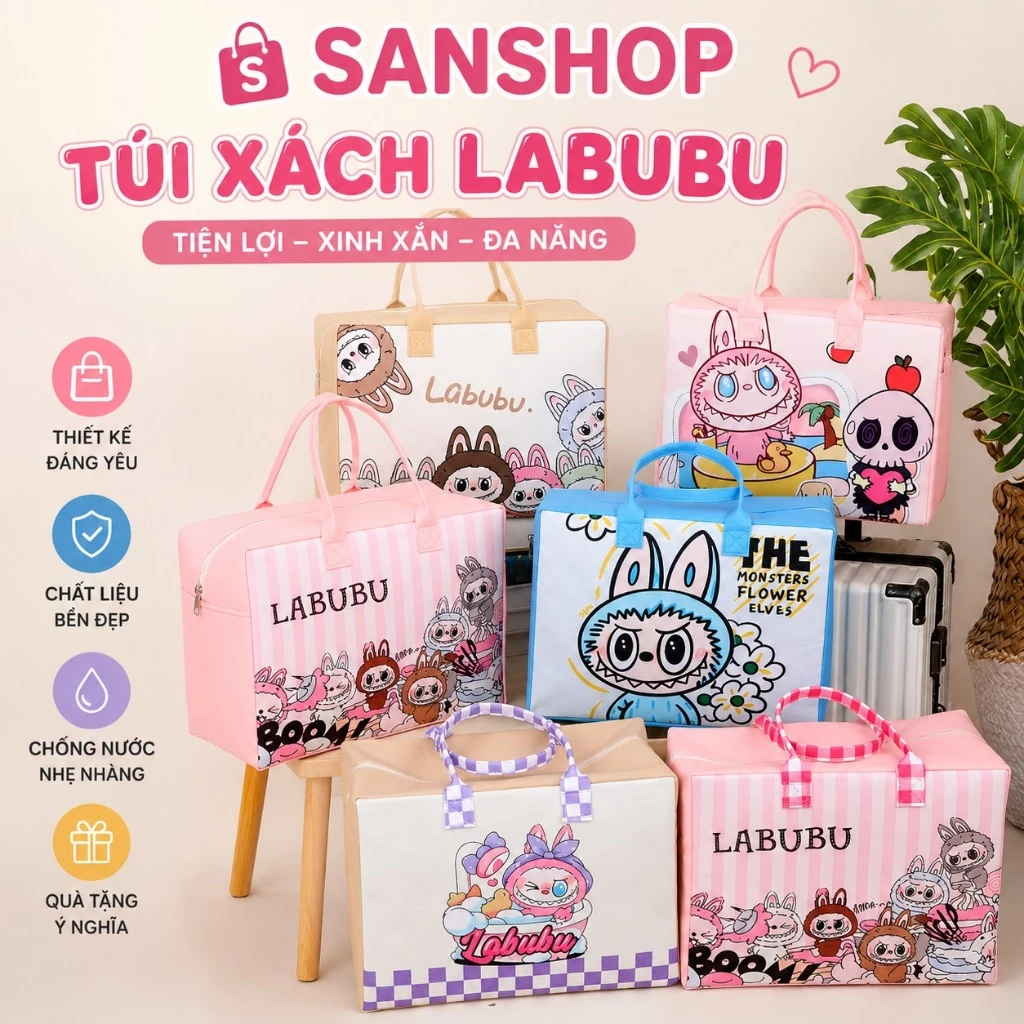 Túi Du Lịch Nỉ Labubu Dễ Thương Mới 2026 Có Dây Treo Valy Khóa Kéo Vô Cùng Tiện Lợi Sanshop