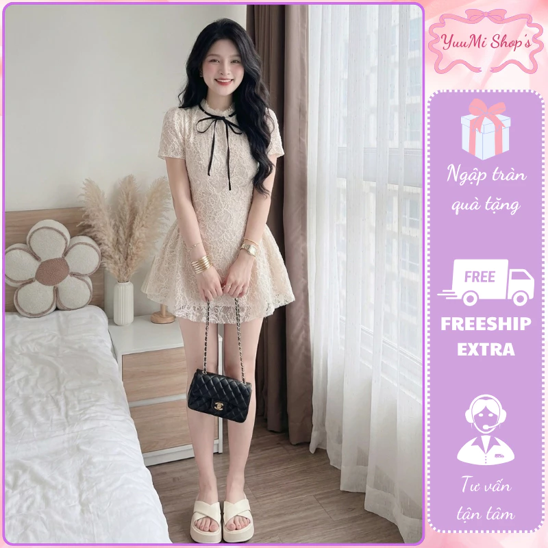 Đầm ren trắng kem cổ phối nơ đen dáng xòe búp bê công chúa ôm eo giấu bụng HCOM26912
