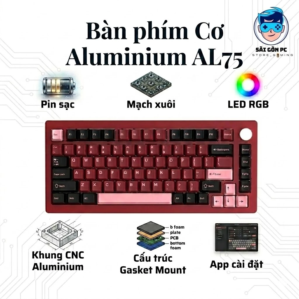 Bàn phím cơ Silent Atas AL75 V2 Khung nhôm CNC 3 mode kết nối - Led RGB - Pin sạc 4000 mah - Mạch xuôi
