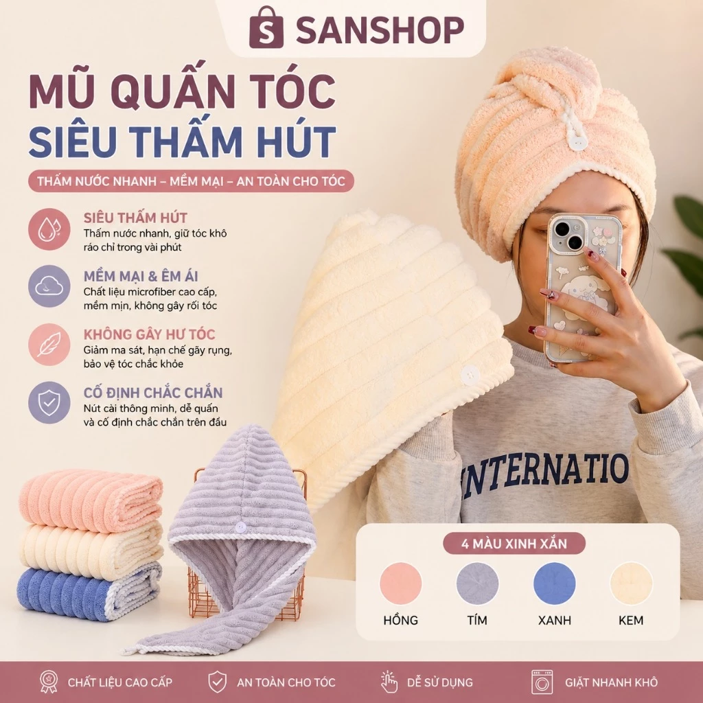 Mũ Quấn Tóc Lông Dệt San Hô Siêu Thấm Hút Nhanh Khô Mềm Mại Ủ Tiện Lợi Cho Nữ Sanshop