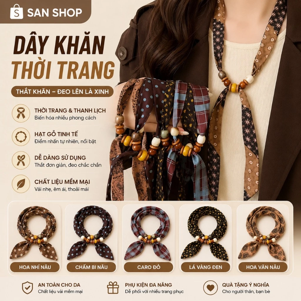 Khăn Lụa Twilly Retro Khóa Hạt Gỗ Đeo Nhanh Phối Đồ Vintage Hàn Quốc Cho Nữ Sanshop