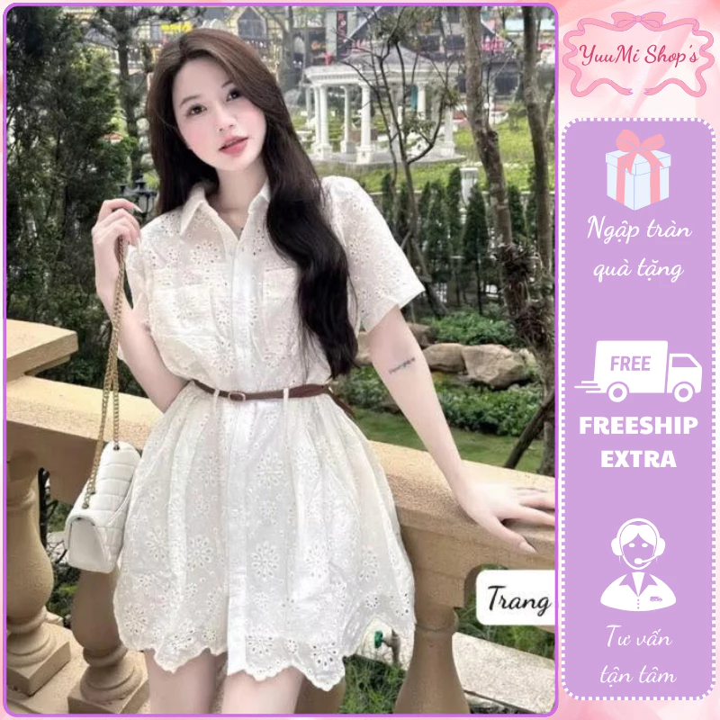 Đầm sơ mi thêu lỗ dáng chữ a tay ngắn thắt lưng mảnh váy trắng kem tiểu thư vintage HCOM26093