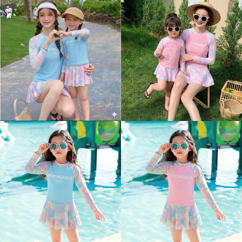 Set bơi bé gái áo dài tay+chân váy sz 10-60kg, đồ bơi mẹ bé chất thun bơi co giãn 4c