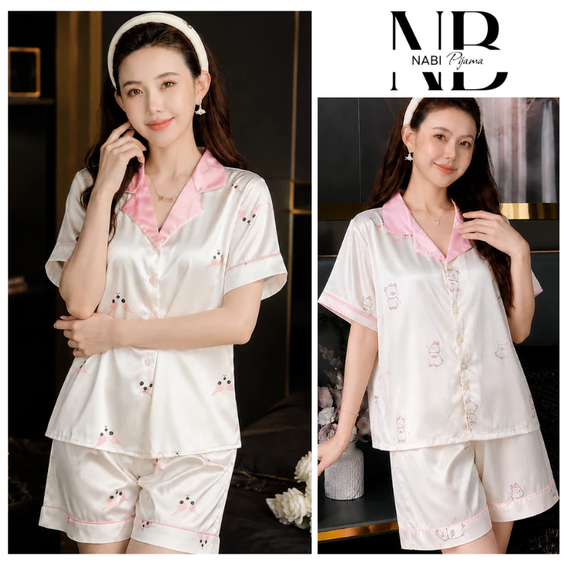 Bộ pyjama cộc tay, quần cộc họa tiết dễ thương hình cún, Bộ đồ ngủ nữ lụa xước cao cấp B27
