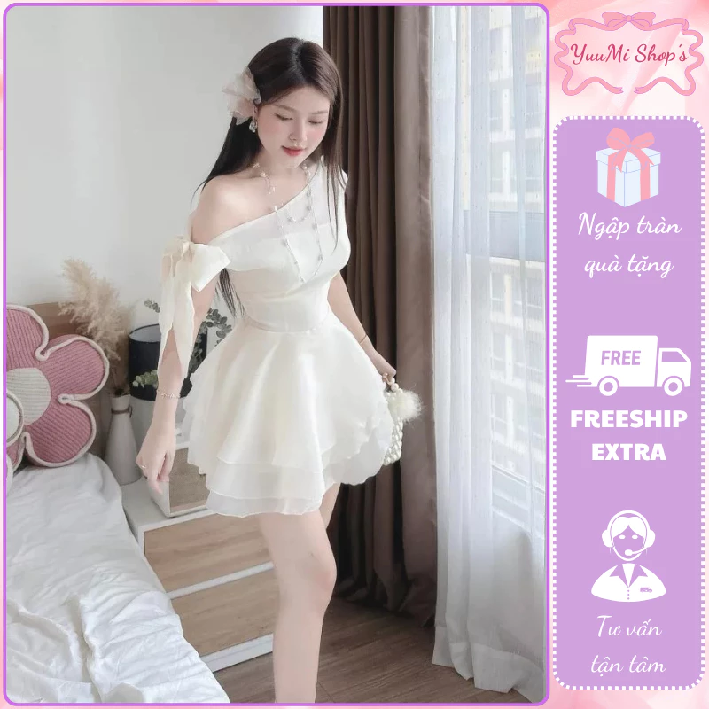 Váy lệch vai dáng ngắn tơ óng xòe tầng công chúa đầm tiểu thư coquette mặc đi tiệc cafe chụp ảnh HCOM25853