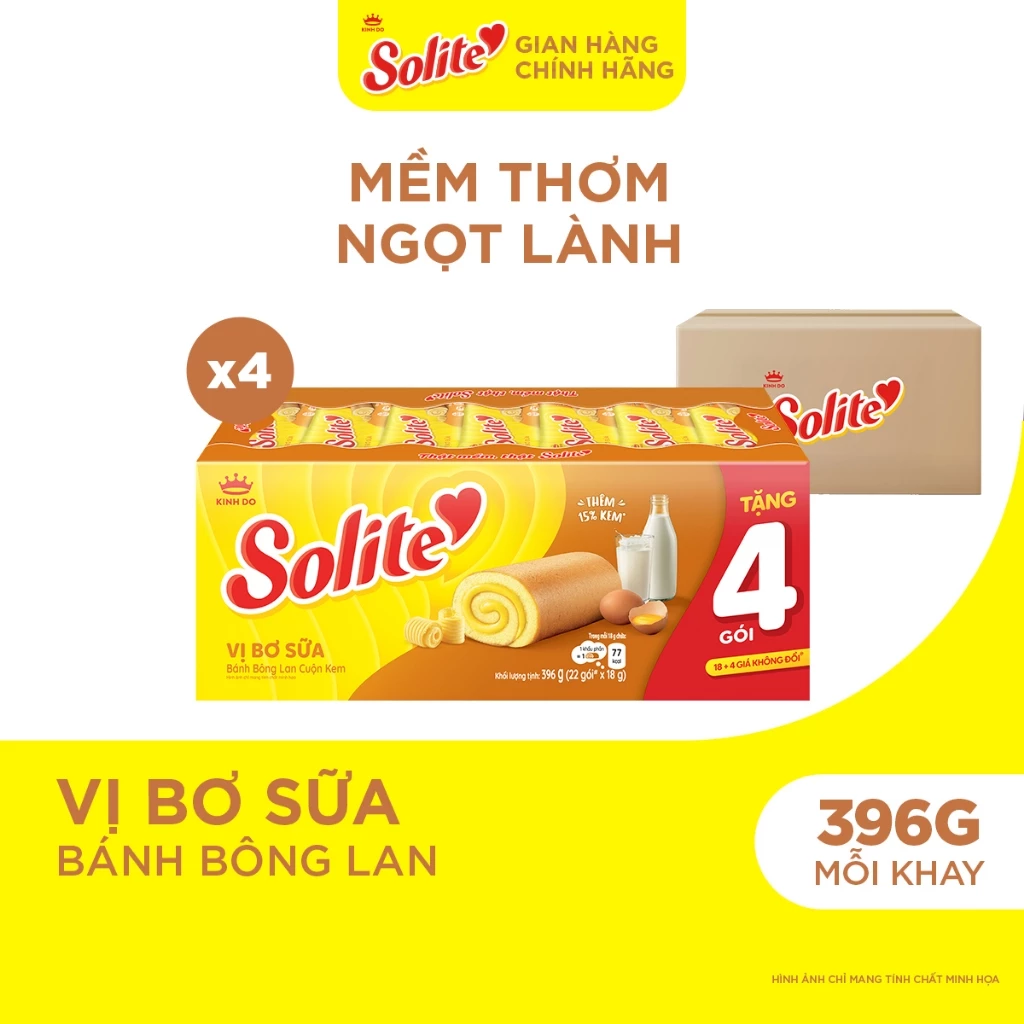Combo 4 Khay Bánh Bông Lan Cuộn Kem Solite 18+4 Bơ Sữa 396g