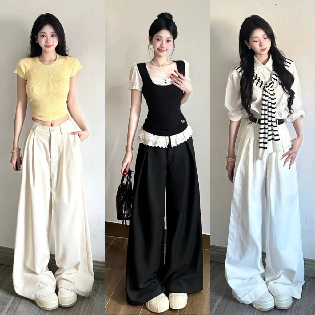 Quần Jean Kaki Nữ Xếp Ly Cạp Chun Có Khoá Kéo Ôm Eo Quần Jeans Ống Suông Rộng Cạp Cao Tôn Dáng BEU