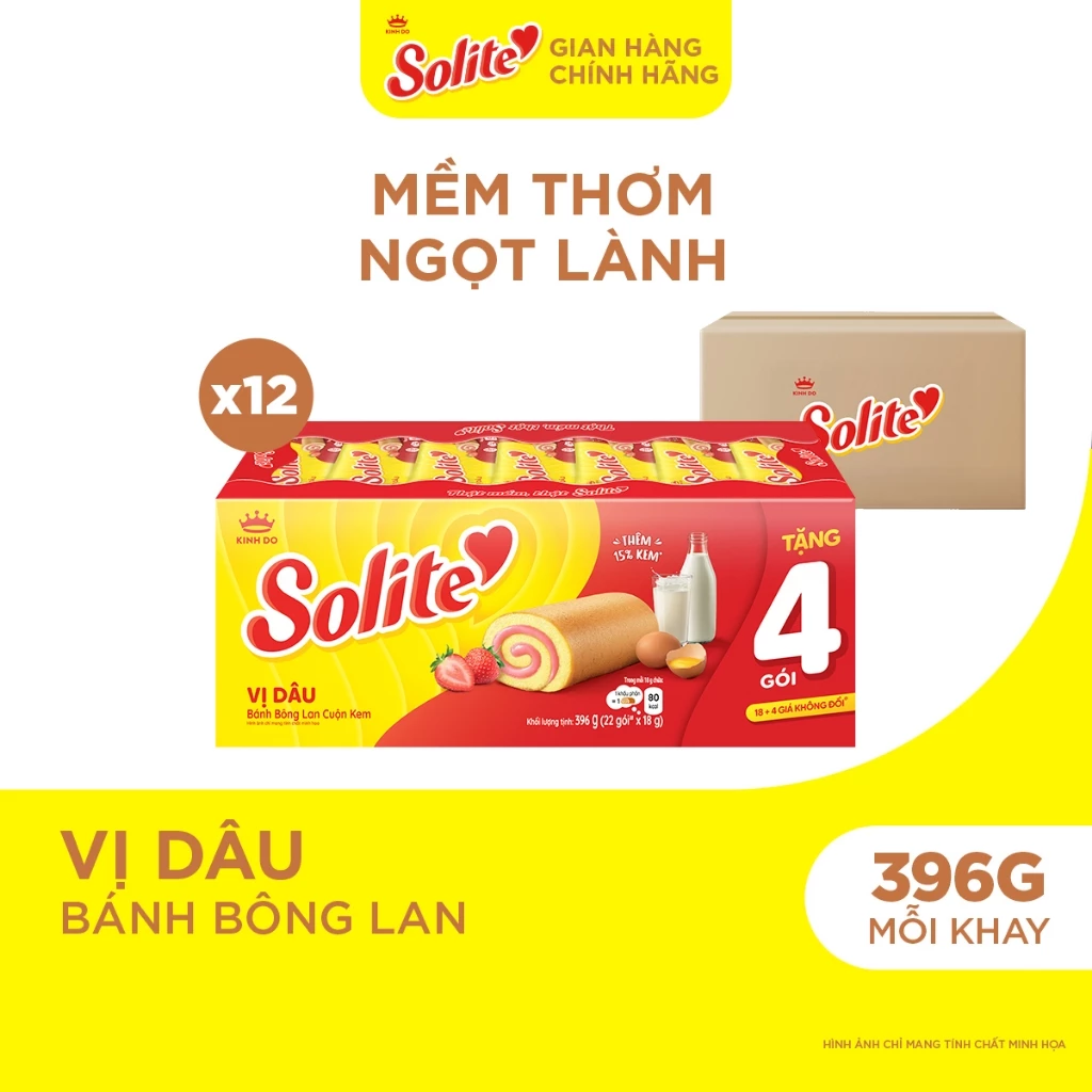 Thùng 12 Khay Bánh Bông Lan Cuộn Kem Solite 18+4 Vị Dâu 396g