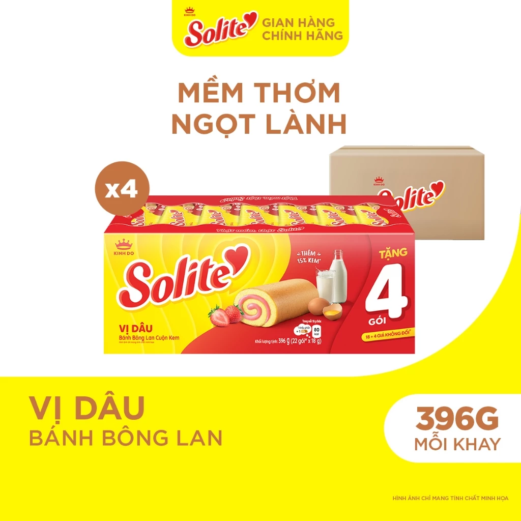 Combo 4 Khay Bánh Bông Lan Cuộn Kem Solite 18+4 Vị Dâu 396g
