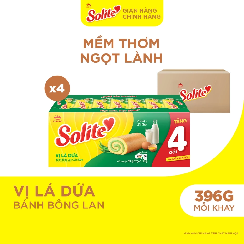 Combo 4 Khay Bánh Bông Lan Cuộn Kem Solite 18+4 Vị Lá Dứa 396g