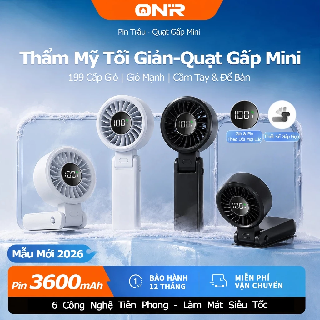 Quạt Mini Cầm Tay Gập Gọn,199 Cấp Gió,Gập 180°,Pin 3600mAh,Dùng Để Bàn,Cầm Tay,Thời Gian Dùng 6 Giờ