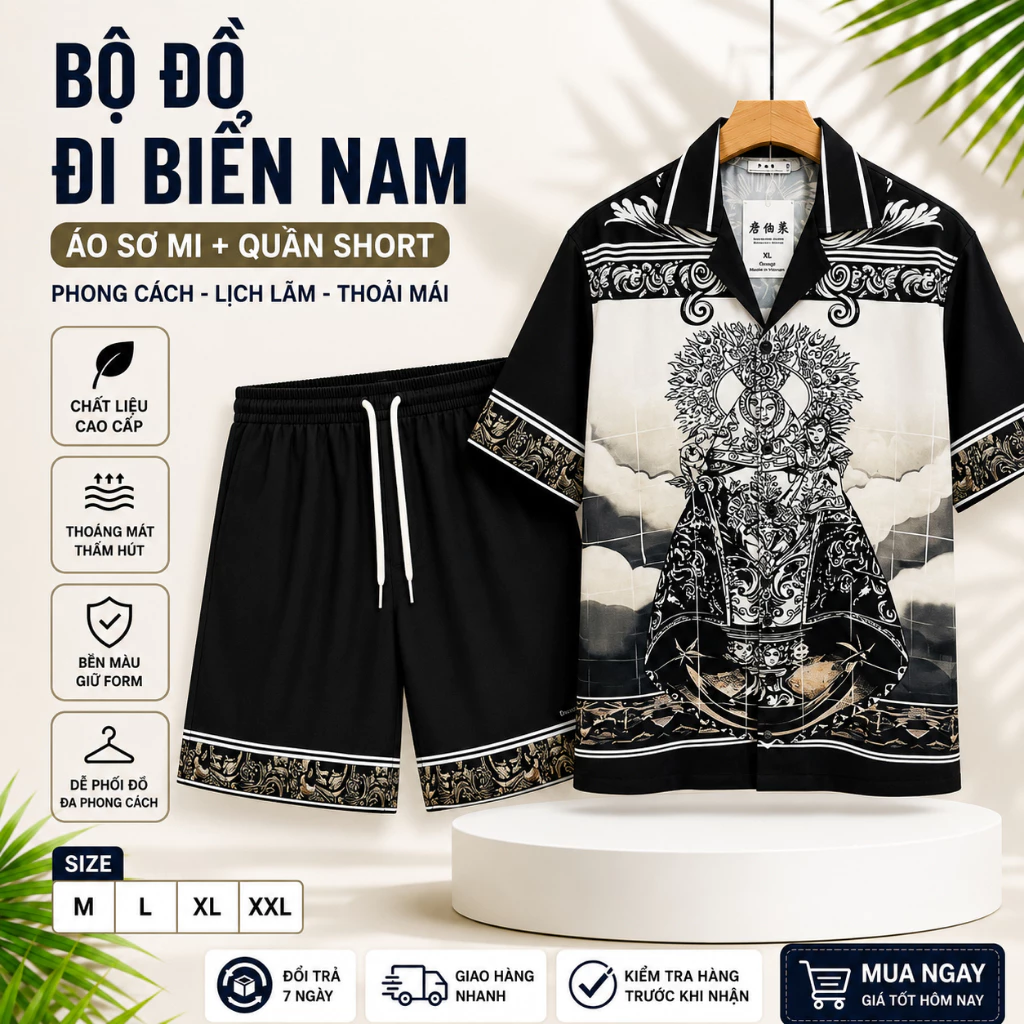 đồ bộ mặc mùa hè cộc tay mặc đi chơi đi biển đi du lịch họa tiết đẹp, bộ biển nam cao cấp PLN fashion N23