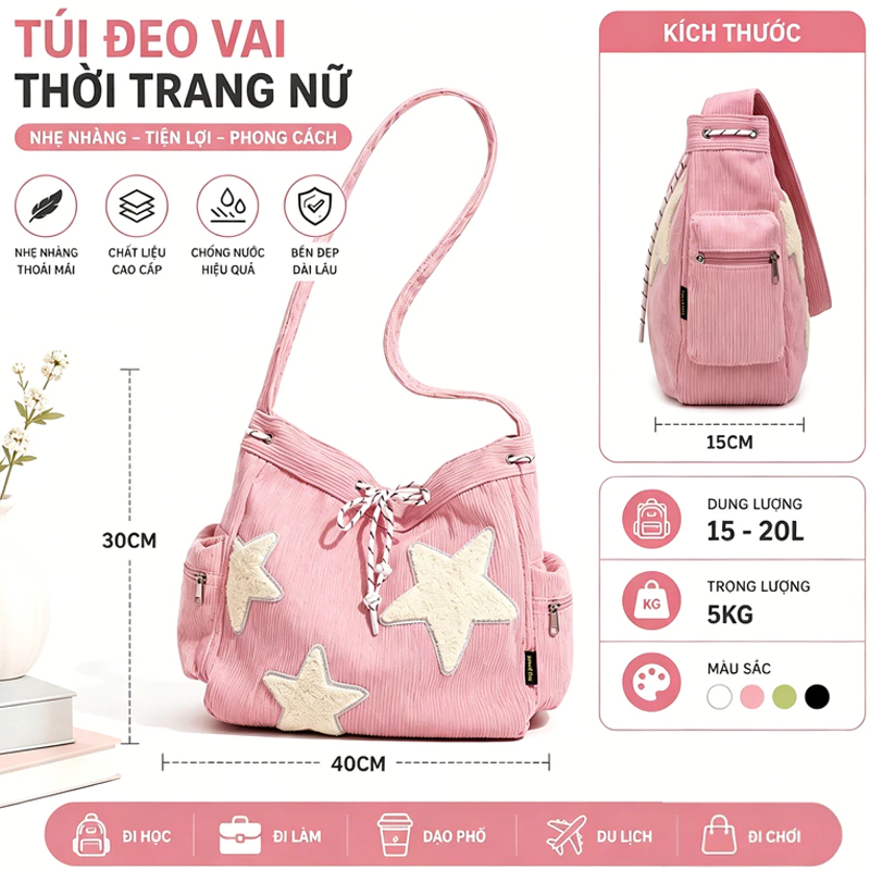 Túi Đeo Chéo Tote Đeo Vai vải Dù Hàn Quốc ngăn chính có khoá kéo miệng đi học đi làm đi chơi.s4061