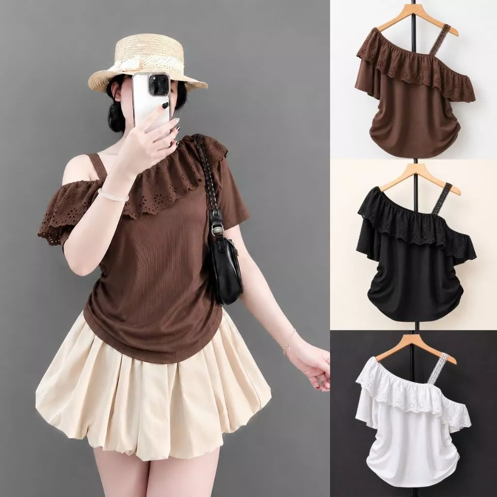 Áo Thun Kiểu Bigsize Nữ Tiểu Thư Trễ Vai Ngắn Tay Phối Viền Bèo Ren Hoa Nhún Eo Vải Thun Tăm Co Giãn - A358