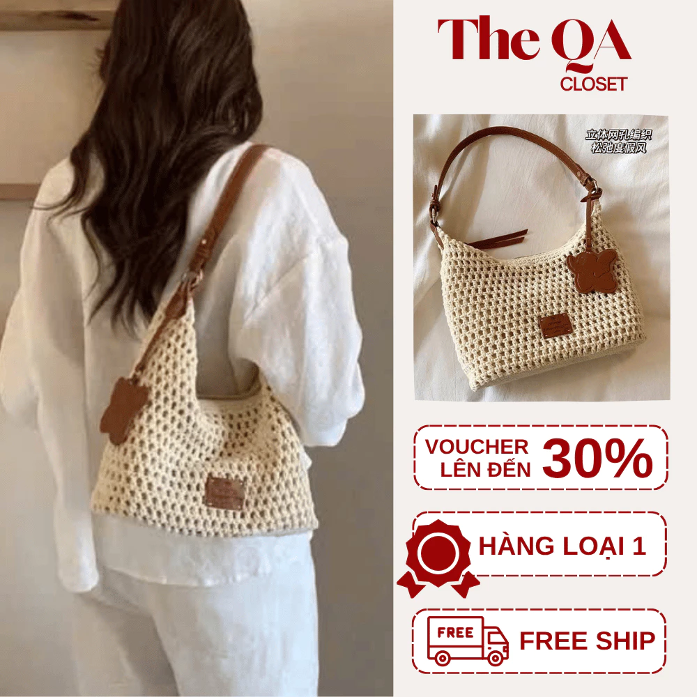 Túi Đeo Vai Len Vintage Nữ Phối Quai Da Cao Cấp – Túi Tote Lưới Handmade Phong Cách Hàn Quốc