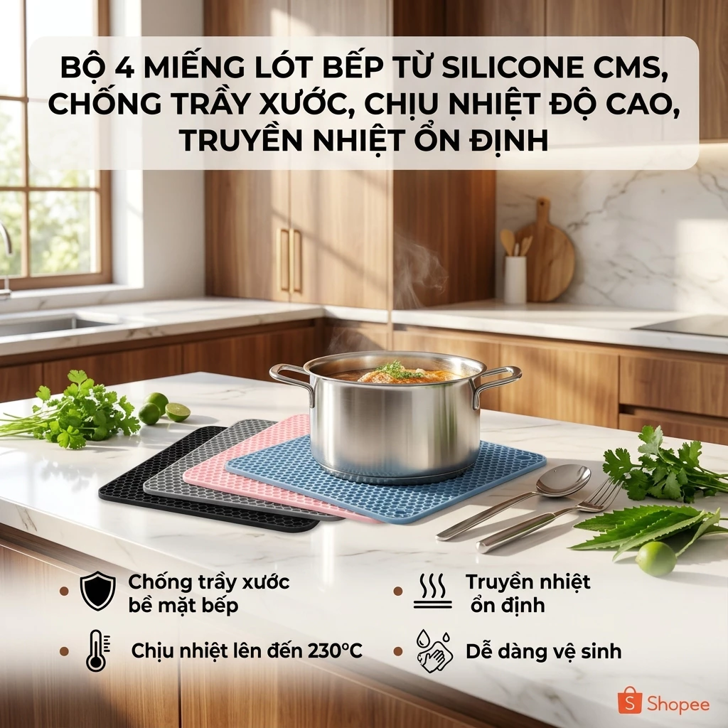 Bộ 4 Tấm Lót Nồi Bếp Từ Silicon Chịu Nhiệt Cao
