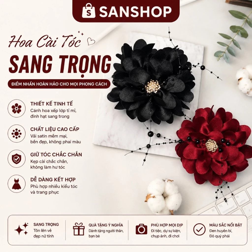 Kẹp Tóc Bông Hoa Đại Sang Trọng Phối Hạt Đen Quý Phái A6 Sanshop