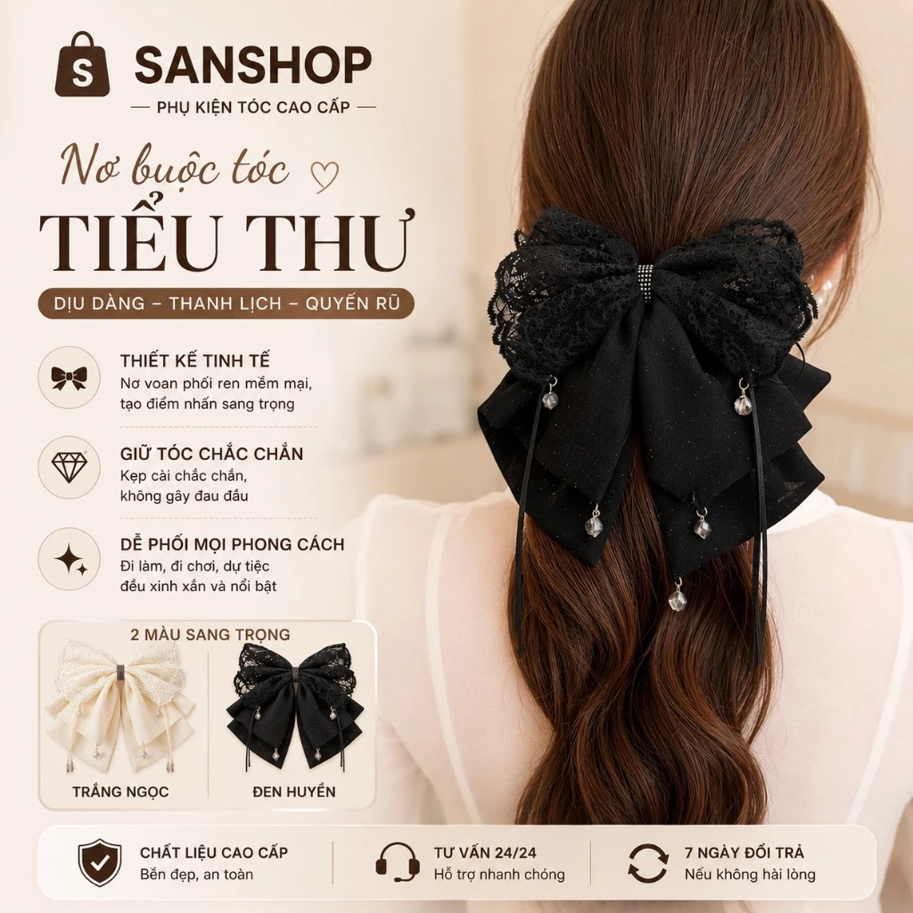 Kẹp Tóc Nơ Đại Phối Ren Cao Cấp A26 Phụ Kiện Tiểu Thư Đính Đá Pha Lê Lấp Lánh Sanshop