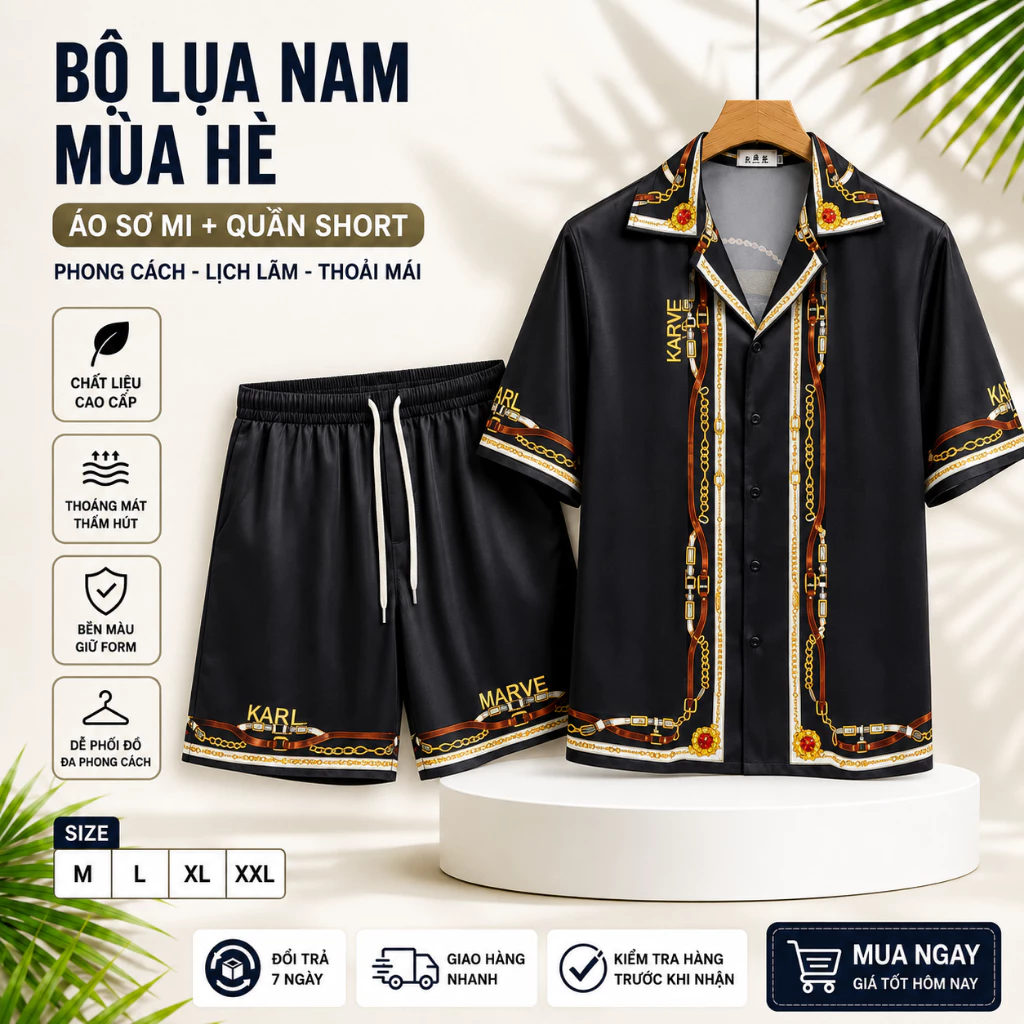 đồ bộ nam cộc tay in họa tiết siêu đẹp thoáng mát, bộ sơ mi nam chất lụa thoáng mát không nhăn N21