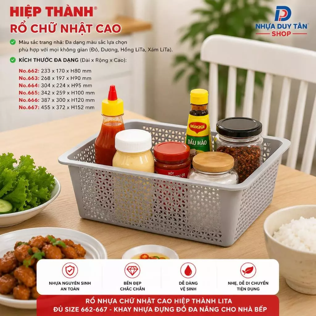 Rổ Nhựa Chữ Nhật Cao Hiệp Thành LiTa Đủ Size 662-667 - Khay Nhựa Đựng Đồ Đa Năng Cho Nhà Bếp