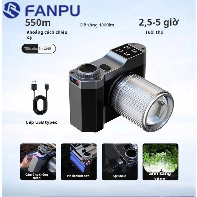 Đèn Pin Đội Đầu Cảm Biến Thu Phóng Tiêu Cự Kiểu Máy Ảnh, Zoom Đa Năng, Dành cho câu cá đêm, leo núi
