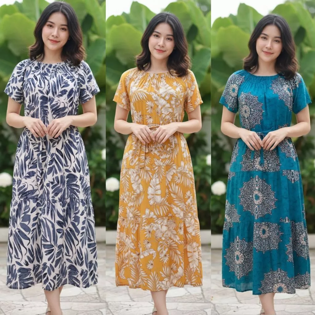 Đầm hoa đi biển nữ Dress Women ,kiểu bẹc vai tay bồng, vải lanh