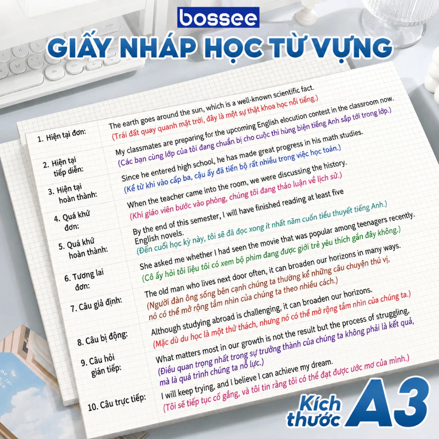 Tập Ghi Chép Tư Duy A3 100 Trang Bossee Học Ngoại Ngữ Từ Vựng, Sổ Vẽ Sơ Đồ Tư Duy Mindmap Gáy Keo Xé Rời Tiện Lợi