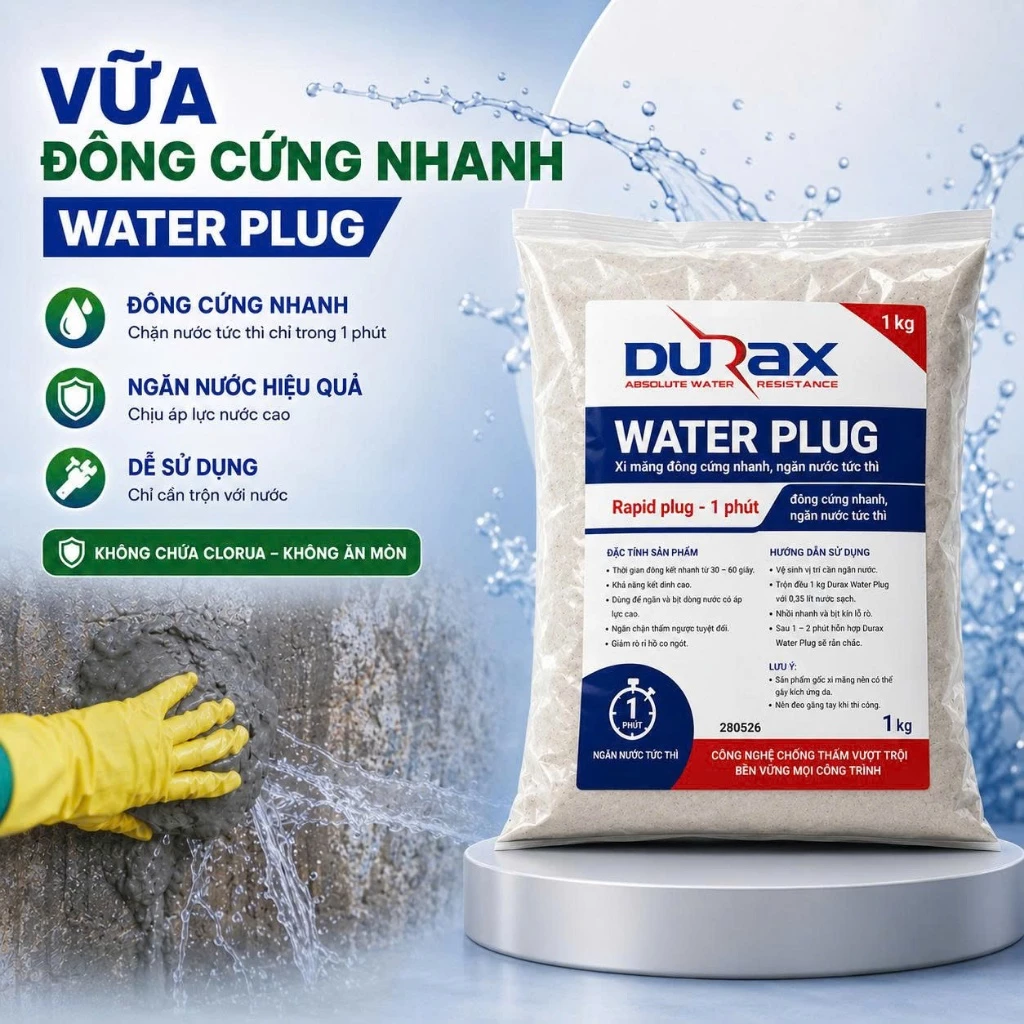Vữa Đông Cứng Nhanh DURAX MaxWaterPlug 1Kg Chặn nước rò rỉ tức thì, chống thấm vết nứt rò rỉ bể ngầm, hố thang máy