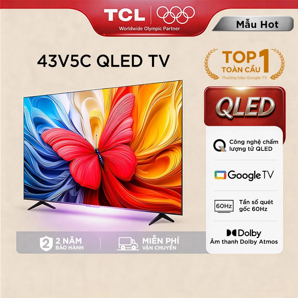 【QLED】TCL 43 inch QLED 43V5C, Google TV, Tần số quét 60Hz, Chứng nhận Dolby Atmos