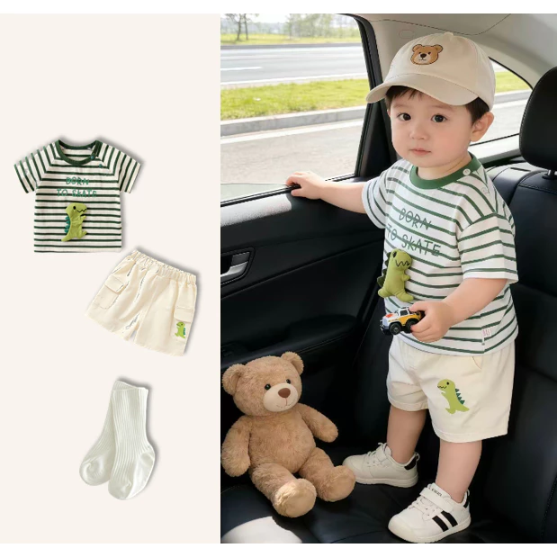 3pcs bộ Baby Boy Mùa hè áo sơ mi ngắn khủng long mềm bông quần áo in 0-24M