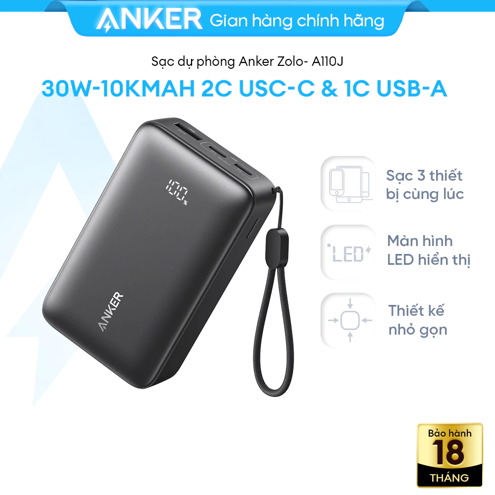 Sạc dự phòng Anker Zolo 10.000mAh 30W | 3 cổng 2C1A | Cell pin LiFePO4 an toàn | Sạc nhanh nhỏ gọn - A110J