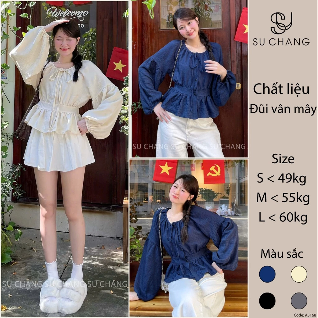 Áo Sơ Mi Cổ Nơ Tay Bồng Chun Lưng Chất Đũi A3168 Su Chang Thời Trang Nữ