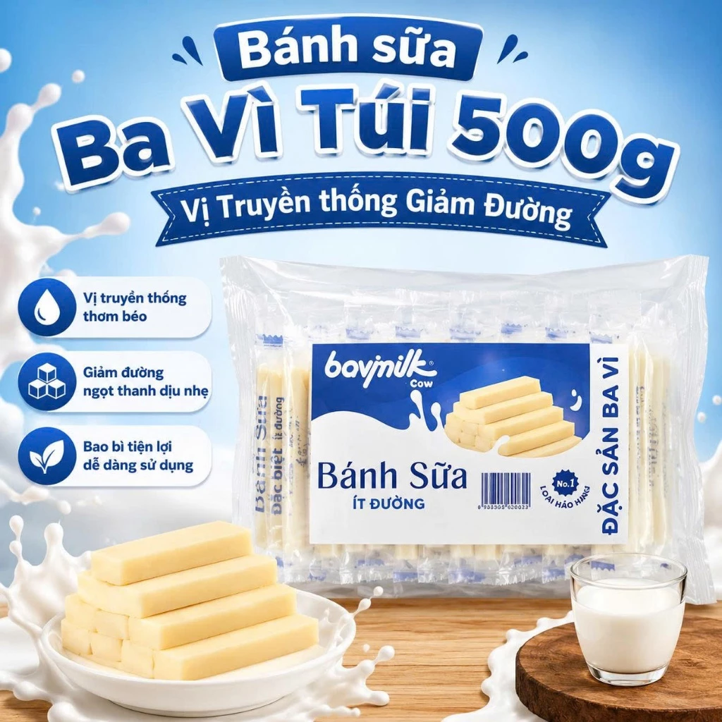 [ĂN VẶT] Bánh Sữa Ba Vì Ít Đường Túi 500g Nguyên Chất Từ Sữa Bò Tươi Giàu Dinh Dưỡng Thơm Ngon