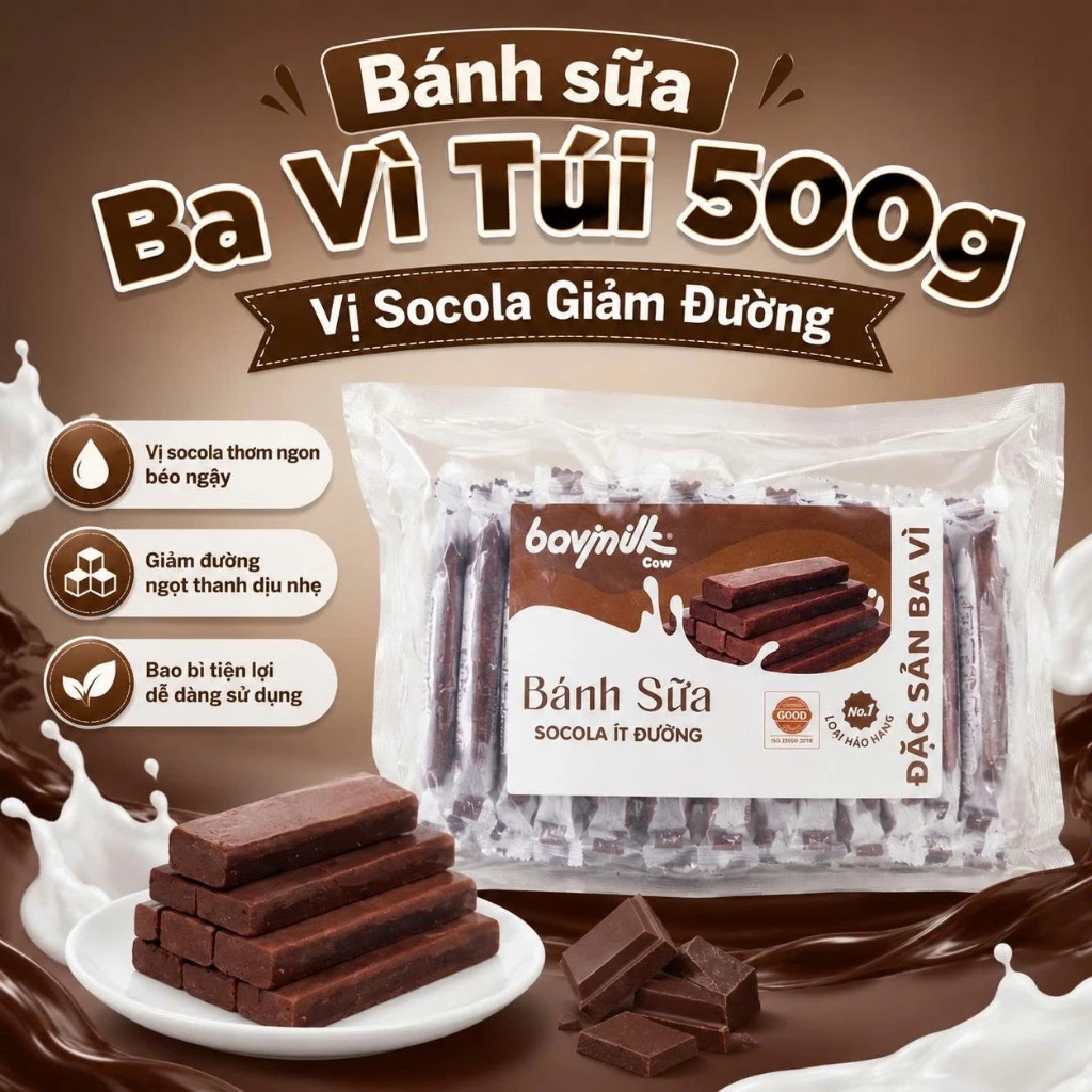 [ĂN VẶT] Bánh Sữa Socola Ba Vì Ít Đường Túi 500g Ăn Vặt Thơm Ngon Chính Hãng
