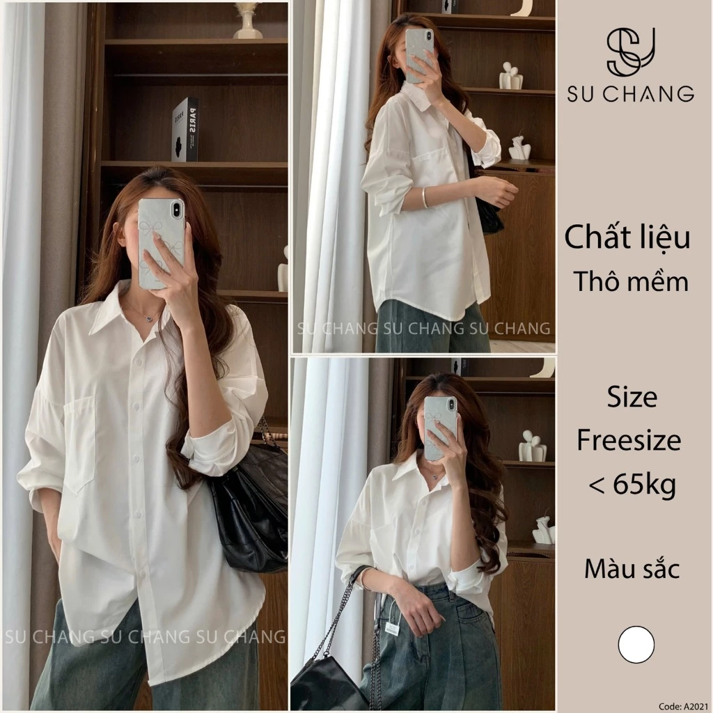 Áo Sơ Mi Nữ Trơn Basic Form Rộng Dài Tay Su Chang A2021 Thời Trang Nữ Bigsize