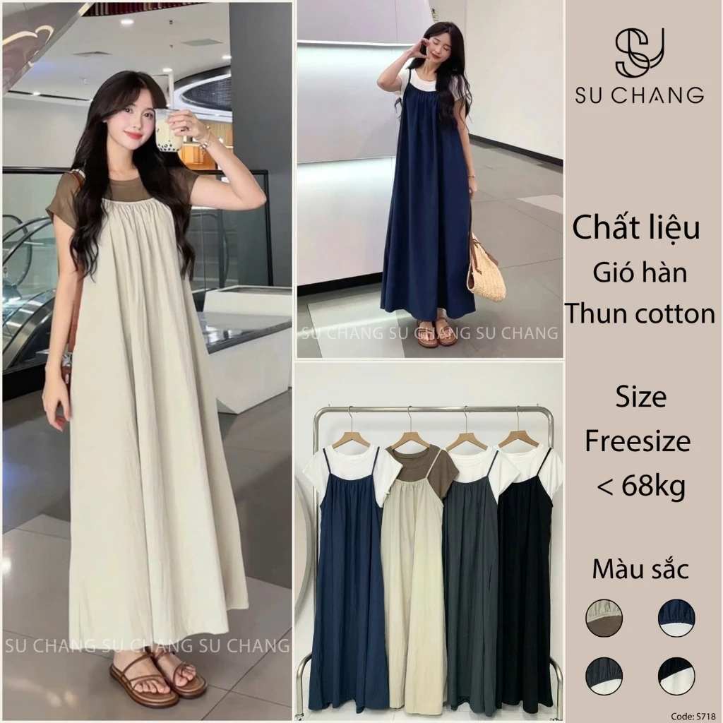 Set Yếm Nữ Dáng Dài 2 Dây Kèm Áo Thun Su Chang S718 Thời Trang Nữ Bigsize