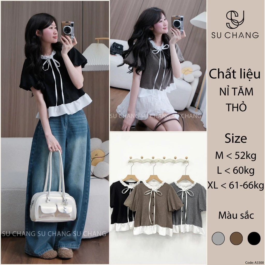 Áo Thun Nỉ Phối Cổ Bèo Nơ Buộc Tay Bồng Cúc Dọc A3300 Su Chang Thời Trang Nữ