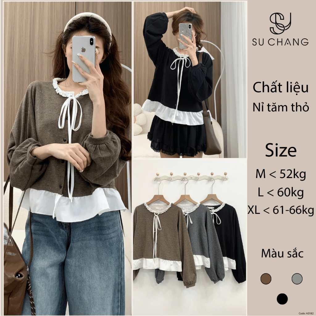 Áo Nỉ Tăm Thỏ Phối Cổ Bèo Nơ Buộc A3182 Su Chang Thời Trang Nữ Bigsize