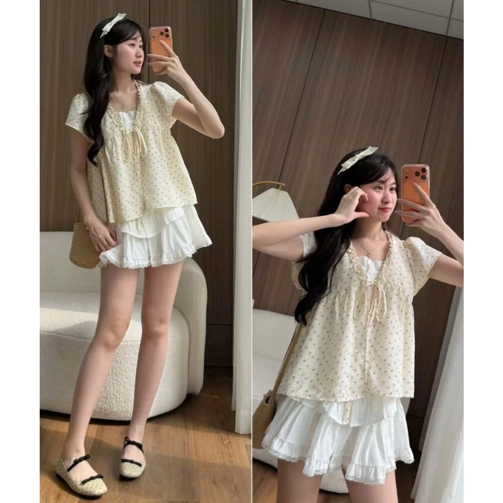 Áo Babydoll Hoa Nhí Phối Ren Nơ Ngực Ngọt Ngào ,Áo Kiểu Cổ V Hai Lớp Cộc Tay Form Suông Chất Đũi Thoáng Mát Hottrend