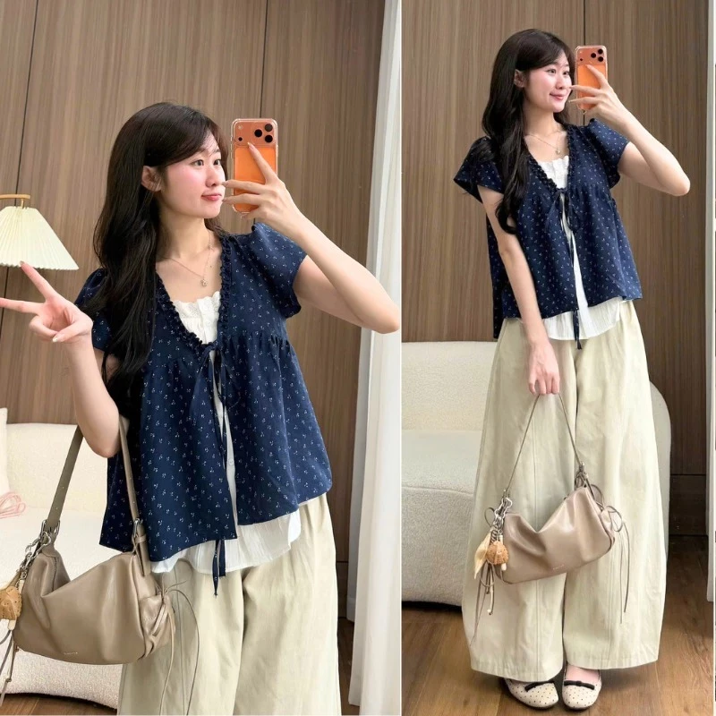 Áo Babydoll Hai Lớp May Liền Viền Bèo Hoa Nhí Nơ Ngực Phối Ren Trắng Form Rộng Tiểu Thư Hot Trend