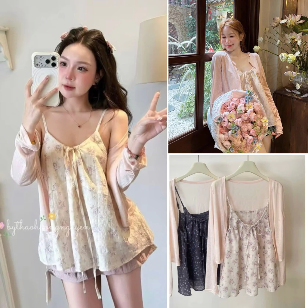 [NEW] Set ÁO HAI DÂY Hoa Nhí Kèm Áo Khoác Mỏng Màu Hồng ĐIỆU ĐÀ S3694