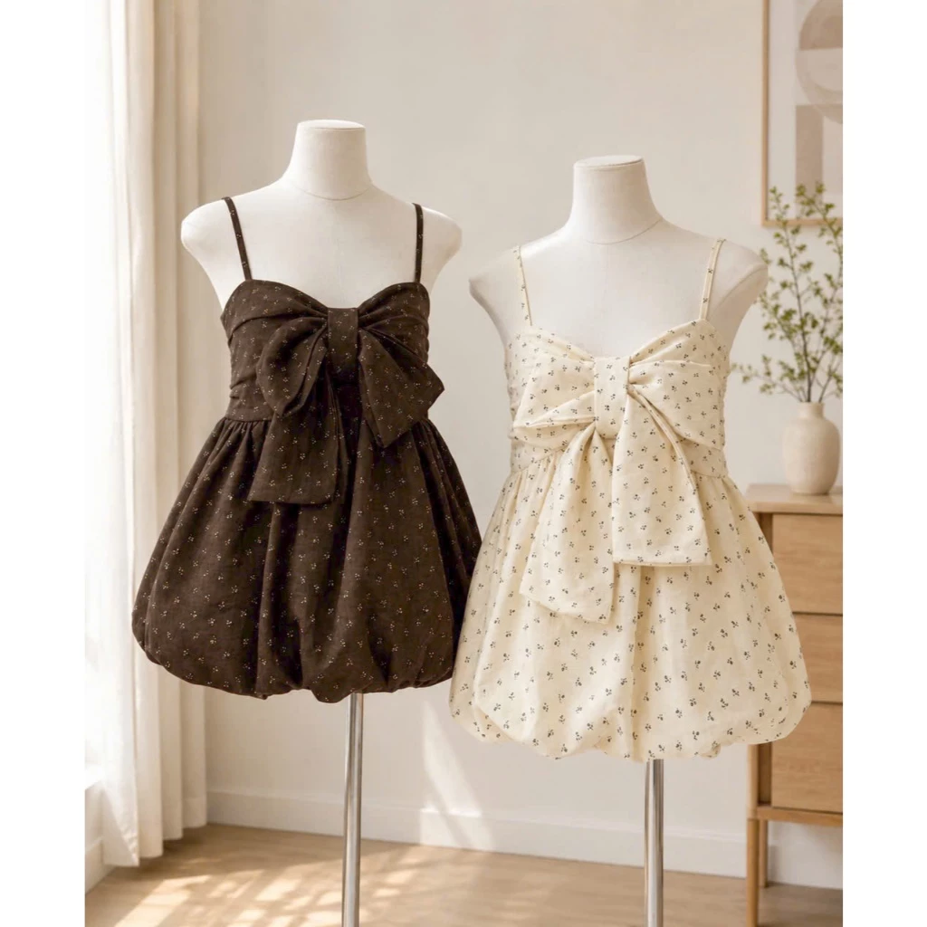 Áo hai dây nữ hoa nhí phối nơ bản lớn form babydoll dễ thương