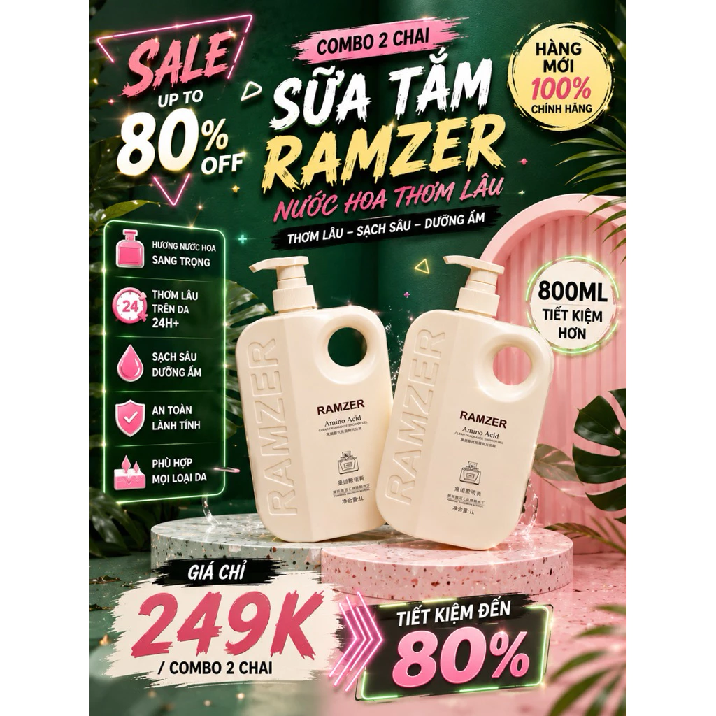 Combo 2 chai sữa tắm ramzer Amino Acid 1 LÍT hương nước hoa ngọt ngào siêu hot