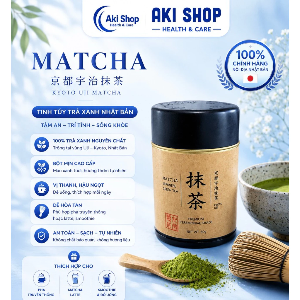 Trà Matcha Kyoto Uji Green Tra Hũ 30g Nhật Bản – Bột Trà Xanh Nguyên Chất Ceremonial Grade Pha Latte, Usucha, Koicha