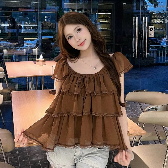 Áo Babydoll Kiểu Nữ Tay Phồng Mặc 2 Kiểu Voan Xếp Tầng Đi Biển Mùa Hè Kimee - KA860